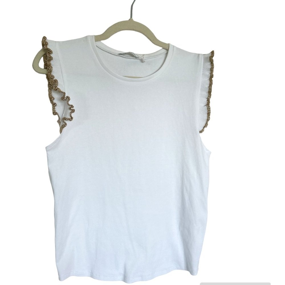 Zara White and Gold Ruffle Short Sleeve Shirt Womens Size M